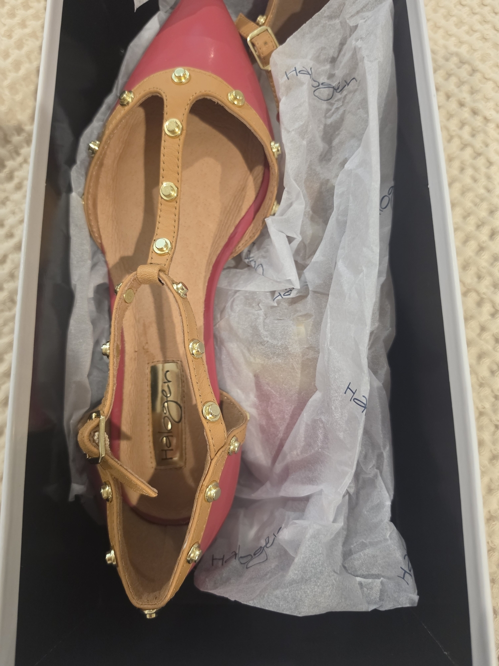 HALOGEN Pink and Tan Pointed-Toe T-Strap Flats with Gold Studs